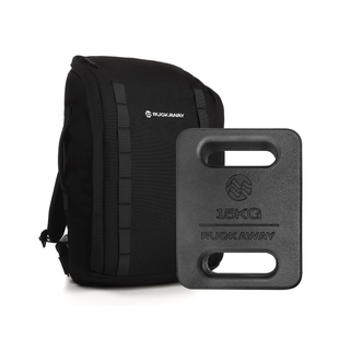 Black backpack and weight plate with 'Ruckaway' branding on a white background