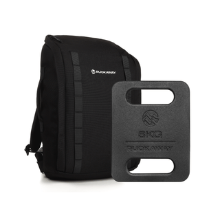 Black backpack and weight plate with 'Ruckaway' branding on a white background