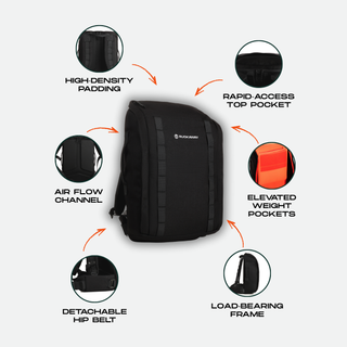 Ruckaway rucking backpack features — 1000D nylon, 30kg capacity, dual weight compartments