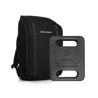Black backpack and weight plate with 'Ruckaway' branding on a white background