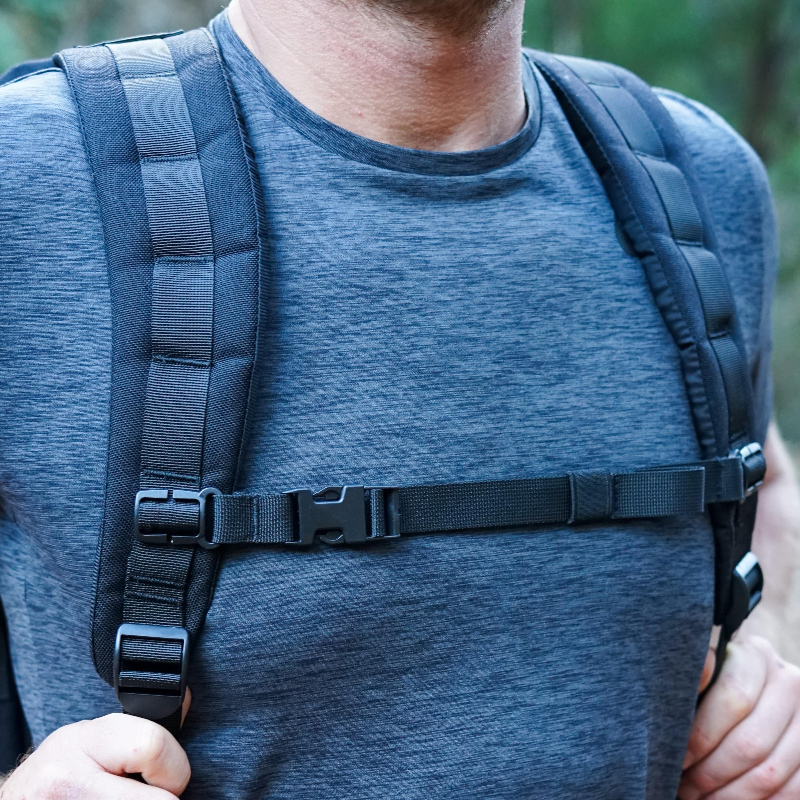 Close up of padded shoulder straps and chest strap on Ruckaway rucking backpack