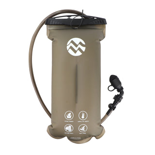 Khaki hydration bladder with black valve on a white background