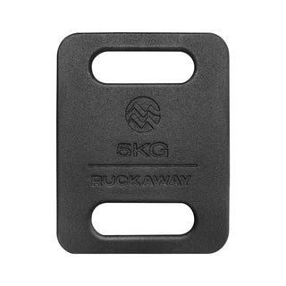 A black matte coating weight plate with '5KG' and 'RUCKAWAY' branding on it.